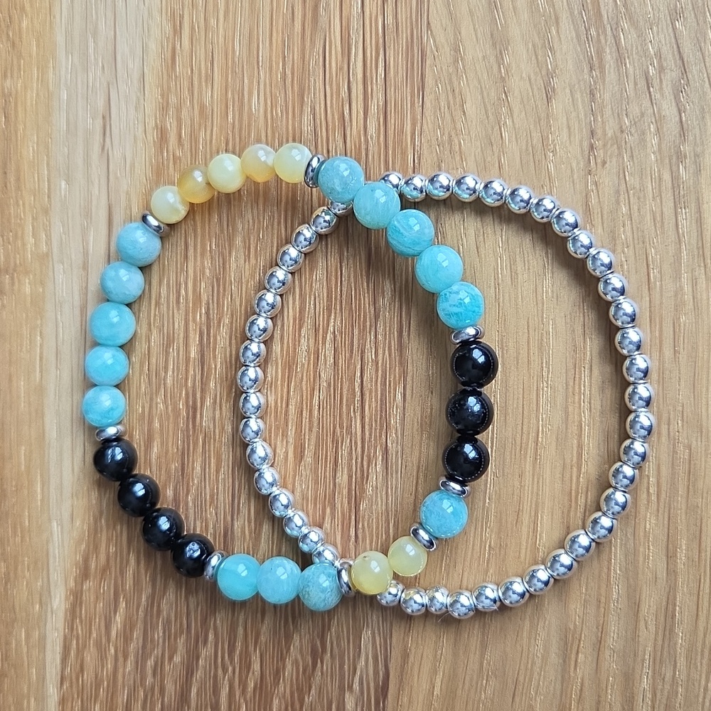 Amazonite, Yellow Opal, Silver Hematite Bead Bracelet Set, Stretch, Hand Crafted - Picture 2 of 11